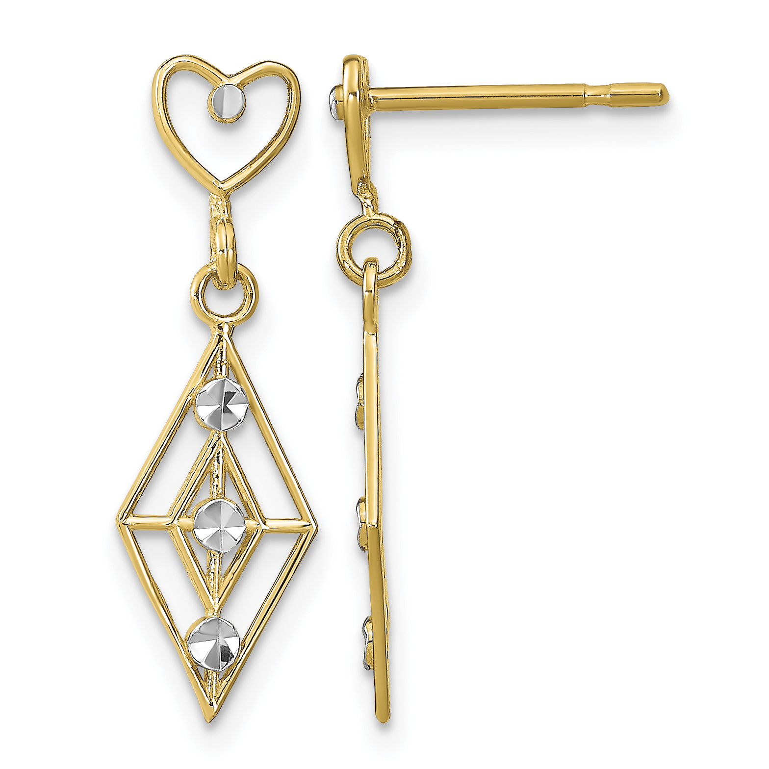 14k w/RH Dia.-cut Diamond Shape Heart Dangle Earrings (TE930)