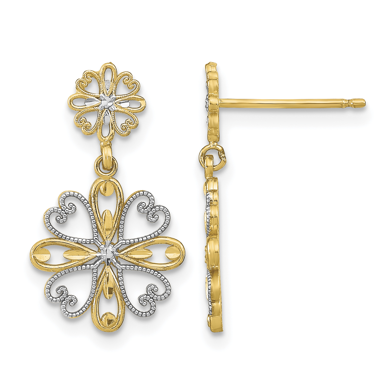 14K w/Rhodium Beaded Heart Petal Floral Dangle Earrings (TE933)