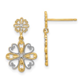 14K and White Rhodium Beaded Heart Petal Floral Dangle Post Earrings