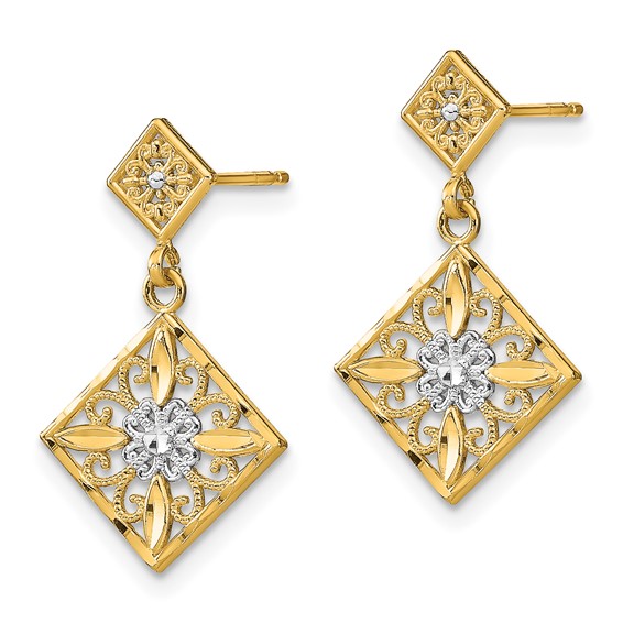 14K and White Rhodium Diamond-cut Square Filigree Dangle Post Earrings