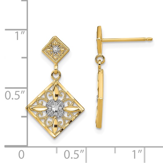 14K and White Rhodium Diamond-cut Square Filigree Dangle Post Earrings
