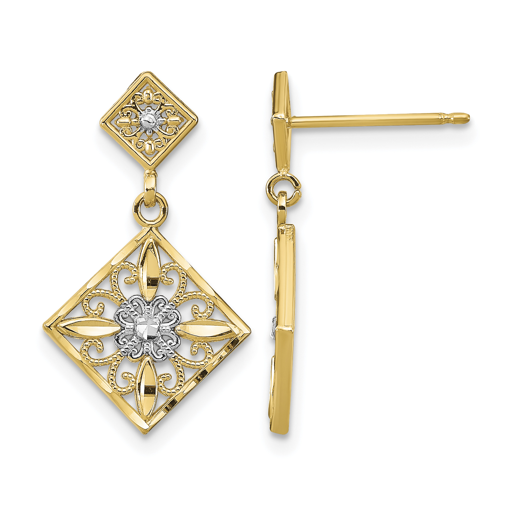 14K w/Rhodium D/C Square Filigree Dangle Earrings (TE934)