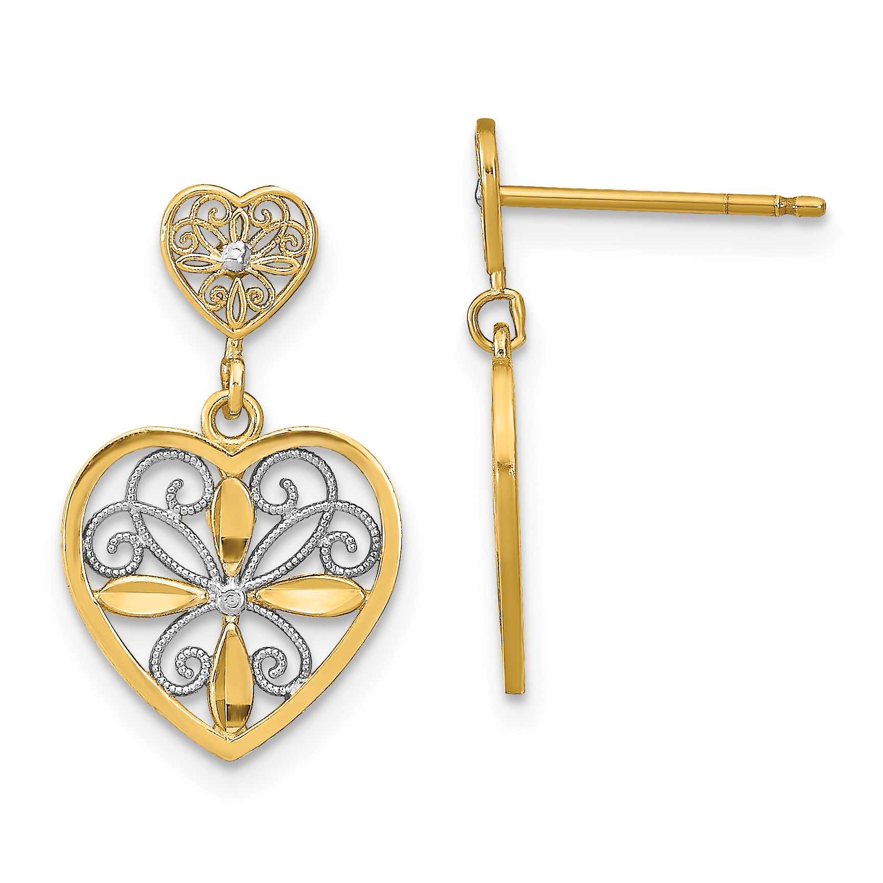 14k w/RH Flower and Heart Beaded Filigree Dangle Earrings (TE935)