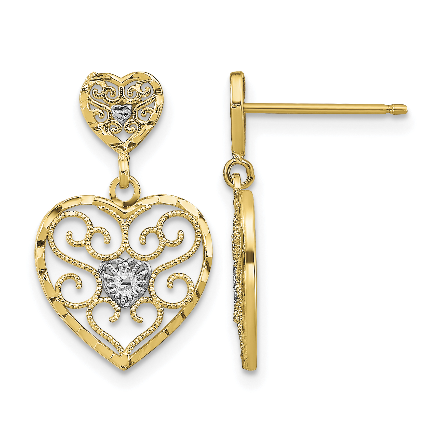 14k w/ RH Heart Beaded Filigree Dangle Earrings (TE936)