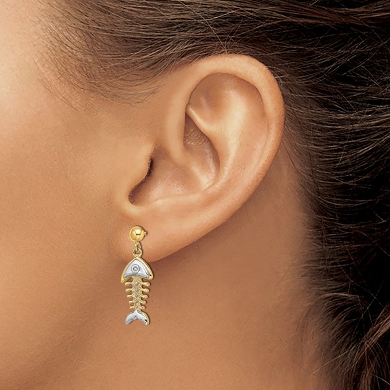 14K and White Rhodium Fishbone Dangle Post Earrings