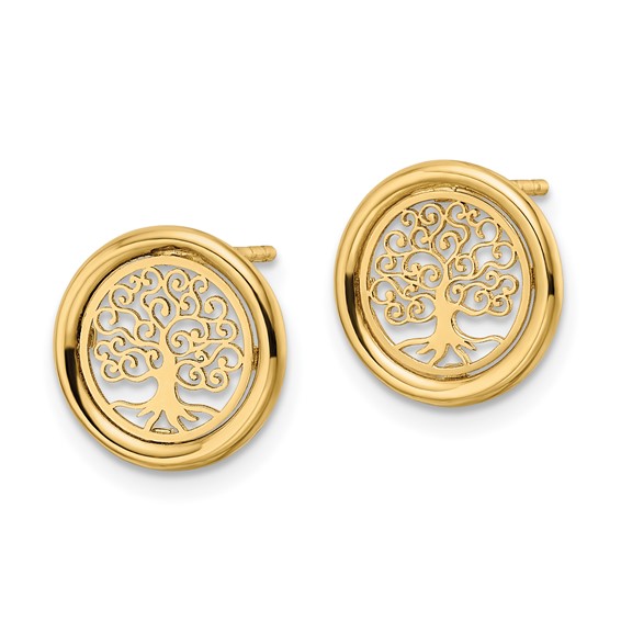 14k Polished Filigree Tree of Life in Circle Post Earrings