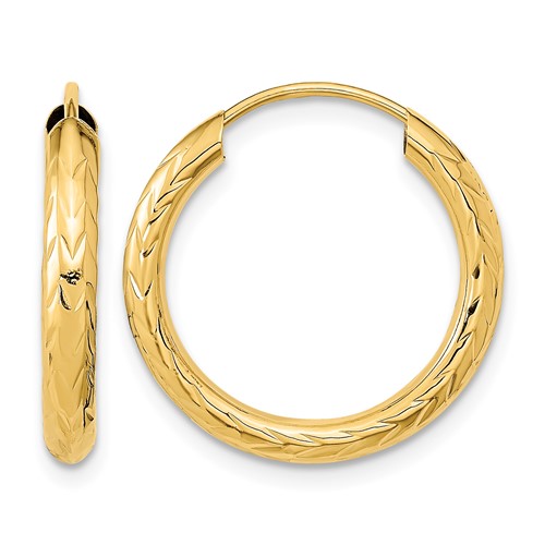 14K Yellow Gold 3.00x 20mm Polished Diamond-cut Endless Tube Hoop Earrings