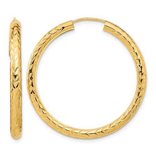 14K Yellow Gold 3.00x 35mm Polished Diamond-cut Endless Tube Hoop Earrings