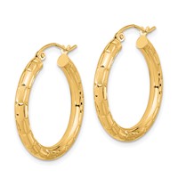 14K Yellow Gold Polished Satin and Diamond-cut Hoop Earrings view 2