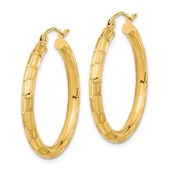 14k Polished Satin and Diamond-cut Hoop Earrings