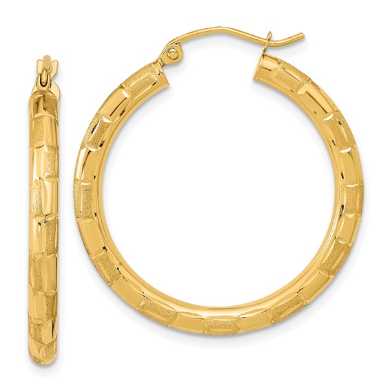 14k Polished Satin and Diamond-cut Hoop Earrings
