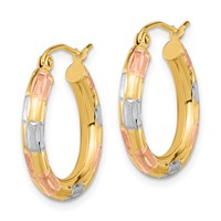 14K Earrings with White and Rose Rhodium Polished Satin Diamond-cut Hoop view 2