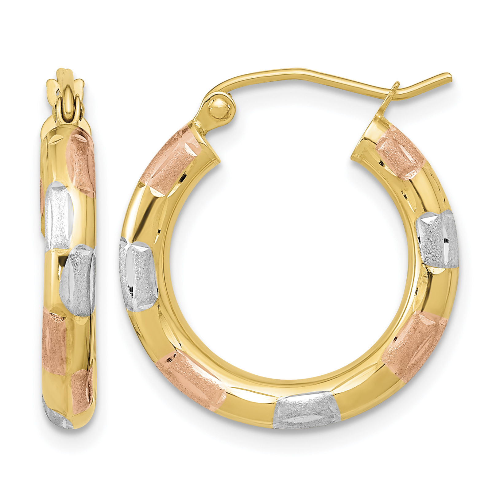 14k w/White and Rose Rhodium Polished Satin Diamond-cut Hoop Earrings (TF1018)