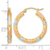 14K Earrings with White and Rose Rhodium Polished Satin Diamond-cut Hoop view 4