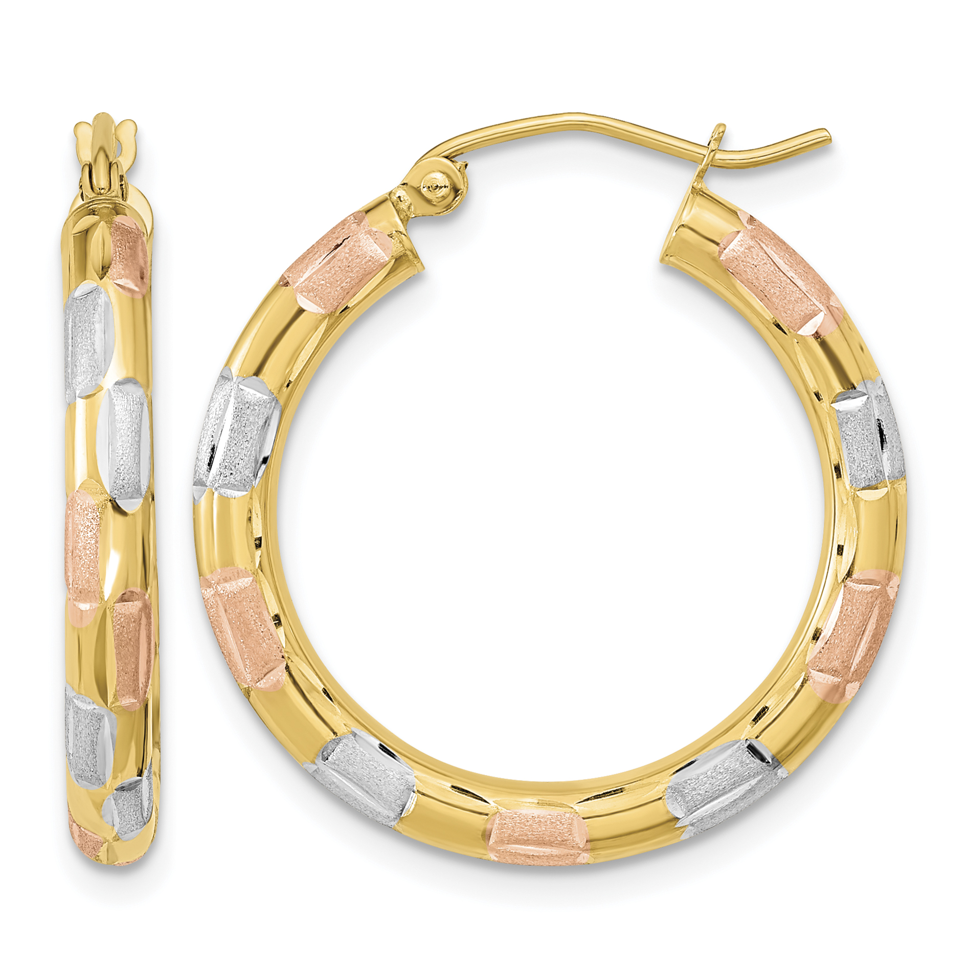 14k w/White and Rose Rhodium Polished Satin Diamond-cut Hoop Earrings (TF1019)