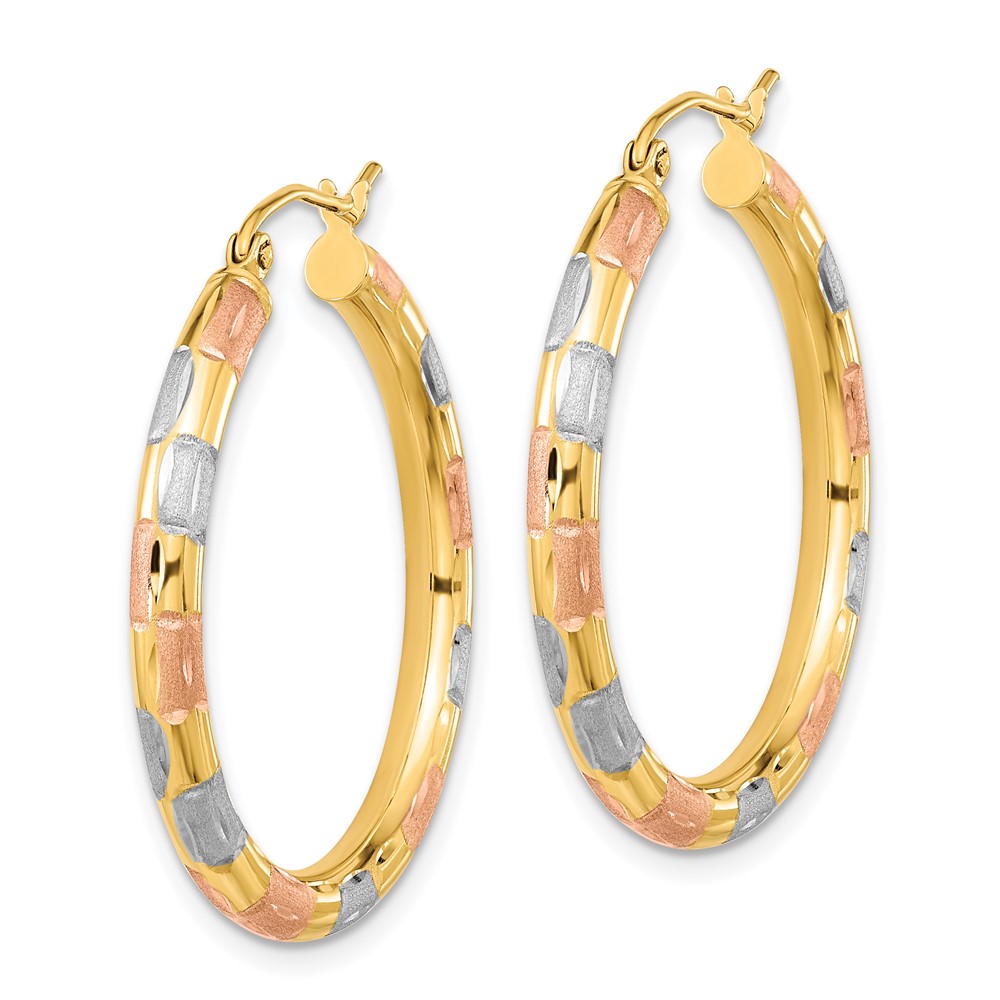 14k w/ White and Rose Rhodium Polished Satin Diamond-cut Hoop Earrings (TF1020)
