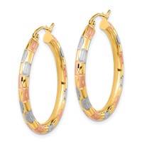 14K Earrings with White and Rose Rhodium Polished Satin Diamond-cut Hoop view 2