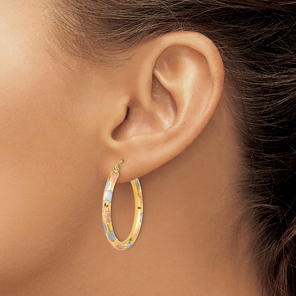 14k w/ White and Rose Rhodium Polished Satin Diamond-cut Hoop Earrings (TF1020)