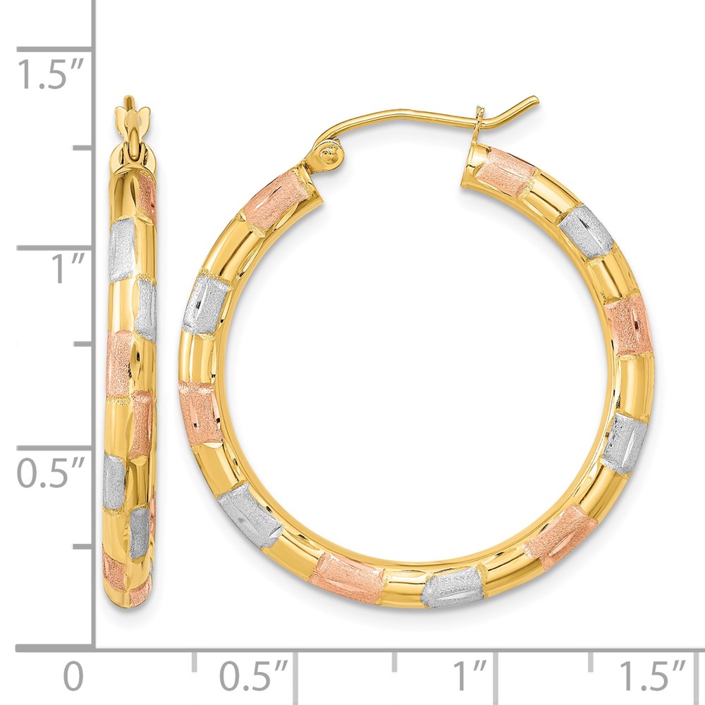 14k w/ White and Rose Rhodium Polished Satin Diamond-cut Hoop Earrings (TF1020)