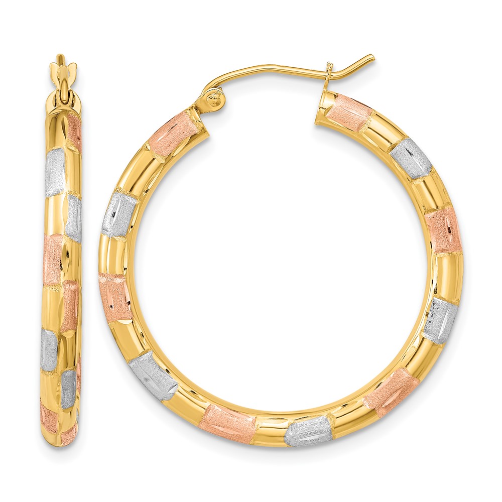 14k w/ White and Rose Rhodium Polished Satin Diamond-cut Hoop Earrings (TF1020)