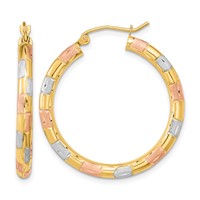 14K Earrings with White and Rose Rhodium Polished Satin Diamond-cut Hoop view 1