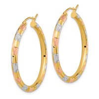 14K Earrings with White and Rose Rhodium Polished Satin Diamond-cut Hoop view 2