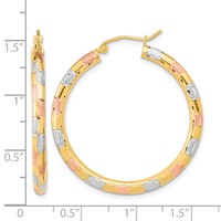 14K Earrings with White and Rose Rhodium Polished Satin Diamond-cut Hoop view 4