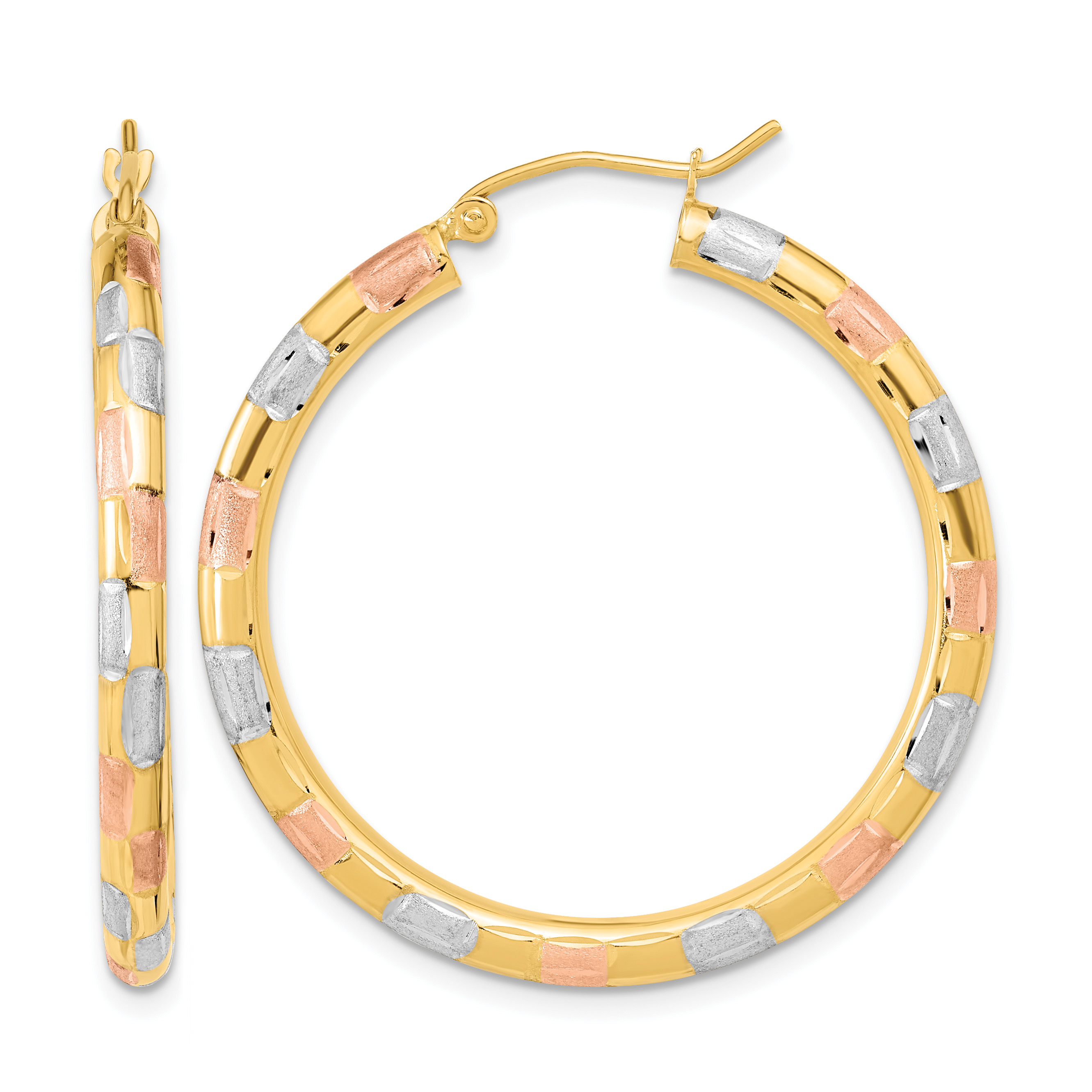 14k w/ White and Rose Rhodium Polished Satin Diamond-cut Hoop Earrings (TF1021)