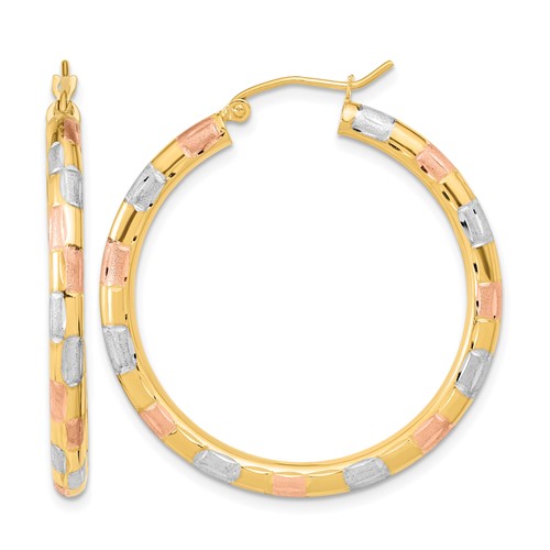 14K Earrings with White and Rose Rhodium Polished Satin Diamond-cut Hoop