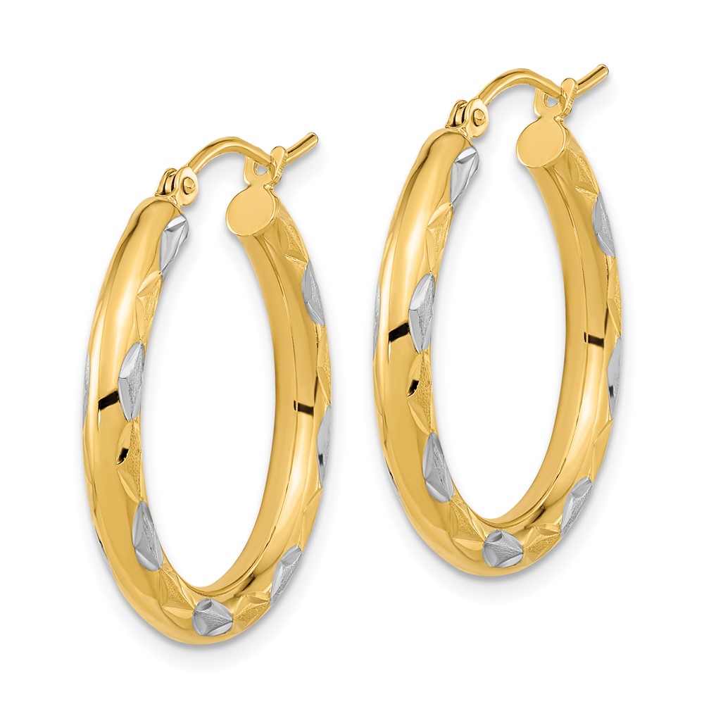 14k White Rhodium Polished Satin and Diamond-cut Hoop Earrings (TF1022)