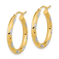 14K White Rhodium Polished Satin and Diamond-cut Hoop Earrings view 2