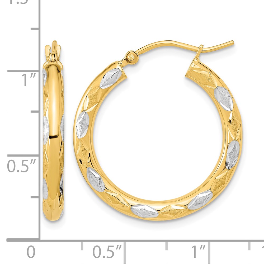 14k White Rhodium Polished Satin and Diamond-cut Hoop Earrings (TF1022)