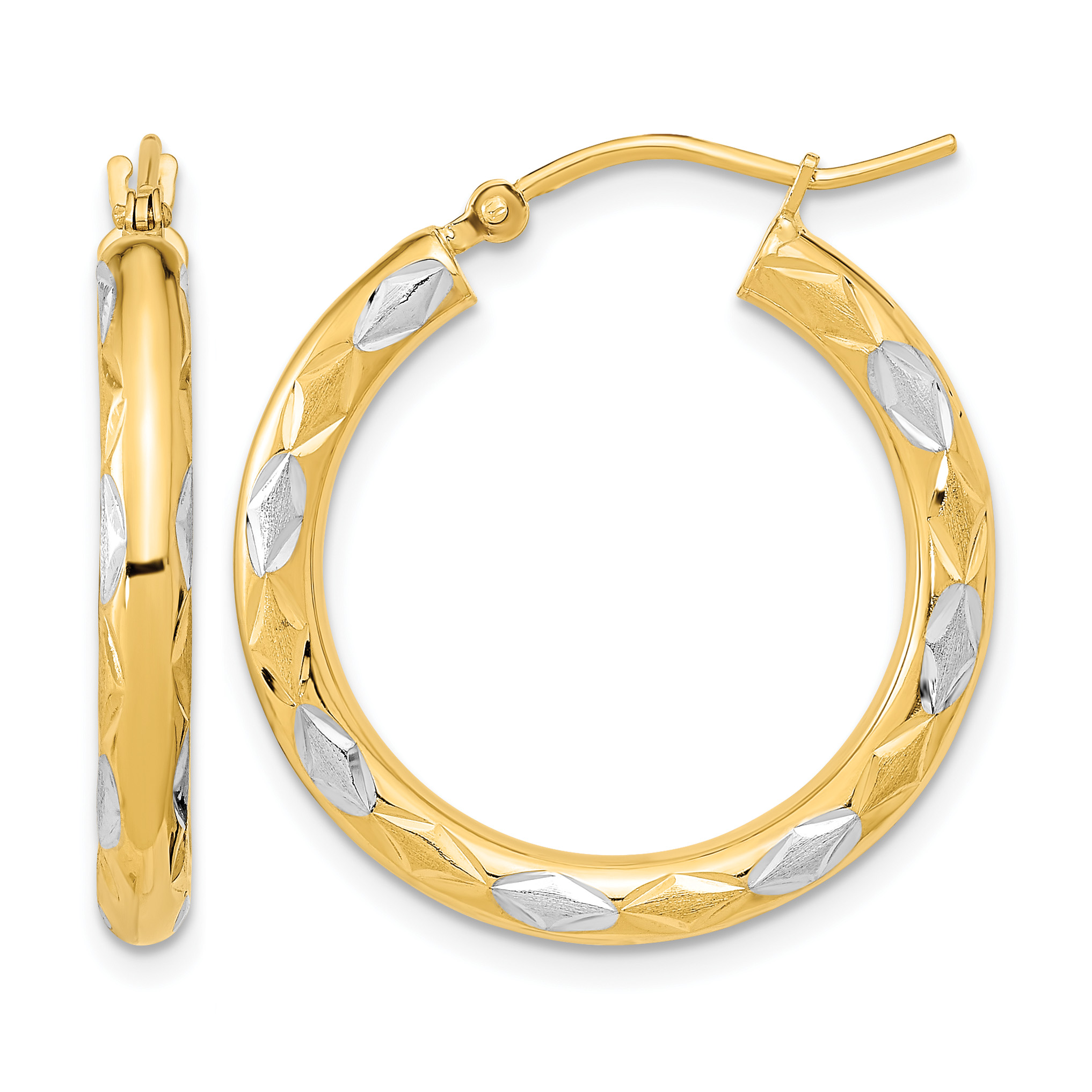 14k White Rhodium Polished Satin and Diamond-cut Hoop Earrings (TF1022)