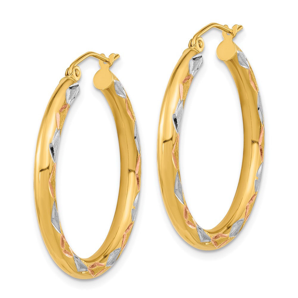 14k White Rhodium Polished Satin and Diamond-cut Hoop Earrings (TF1025)