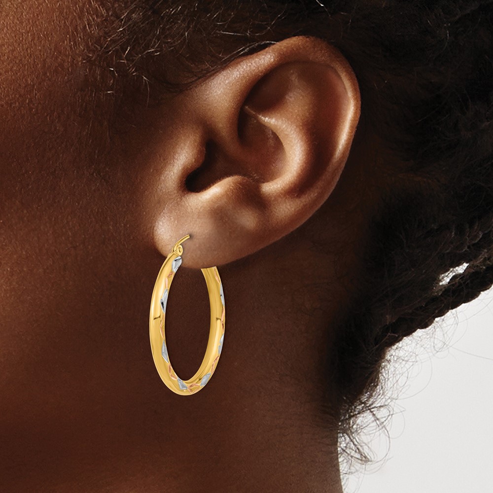 14k White Rhodium Polished Satin and Diamond-cut Hoop Earrings (TF1025)