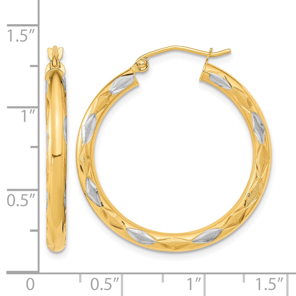 14k White Rhodium Polished Satin and Diamond-cut Hoop Earrings (TF1025)