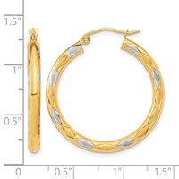 14K White Rhodium Polished Satin and Diamond-cut Hoop Earrings view 4