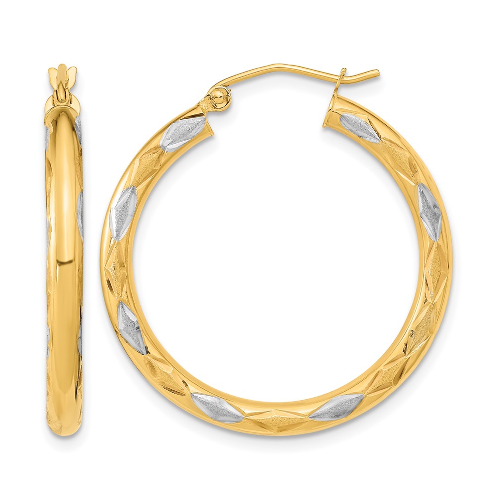 14k White Rhodium Polished Satin and Diamond-cut Hoop Earrings (TF1025)
