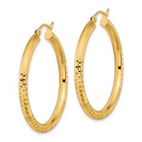 14K Yellow Gold Polished Satin and Diamond-cut Hoop Earrings view 2