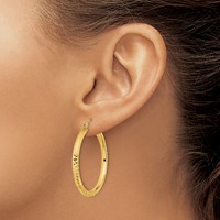 14K Yellow Gold Polished Satin and Diamond-cut Hoop Earrings view 3