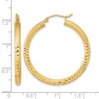 14K Yellow Gold Polished Satin and Diamond-cut Hoop Earrings view 4