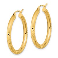 14K Yellow Gold Polished Satin and Diamond-cut Hoop Earrings view 2