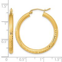 14K Yellow Gold Polished Satin and Diamond-cut Hoop Earrings view 4