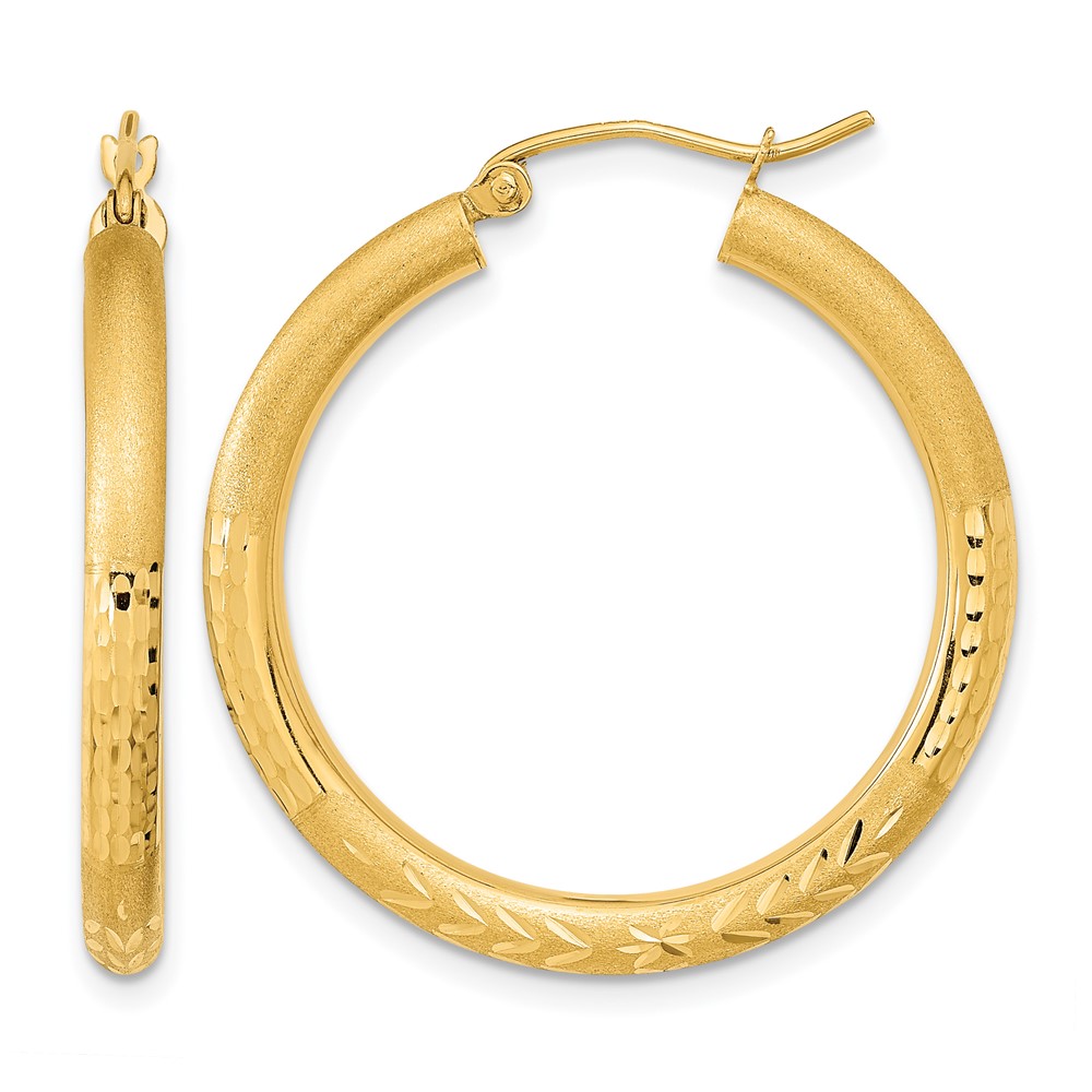 14K Yellow Gold Polished Satin and Diamond-cut Hoop Earrings