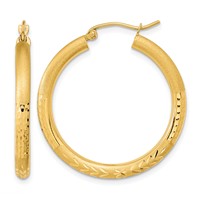 14K Yellow Gold Polished Satin and Diamond-cut Hoop Earrings view 1