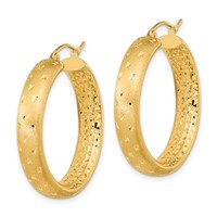 14K Yellow Gold Polished Satin and Diamond-cut Hoop Earrings view 2
