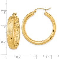 14K Yellow Gold Polished Satin and Diamond-cut Hoop Earrings view 4