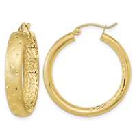 14K Yellow Gold Polished Satin and Diamond-cut Hoop Earrings view 1