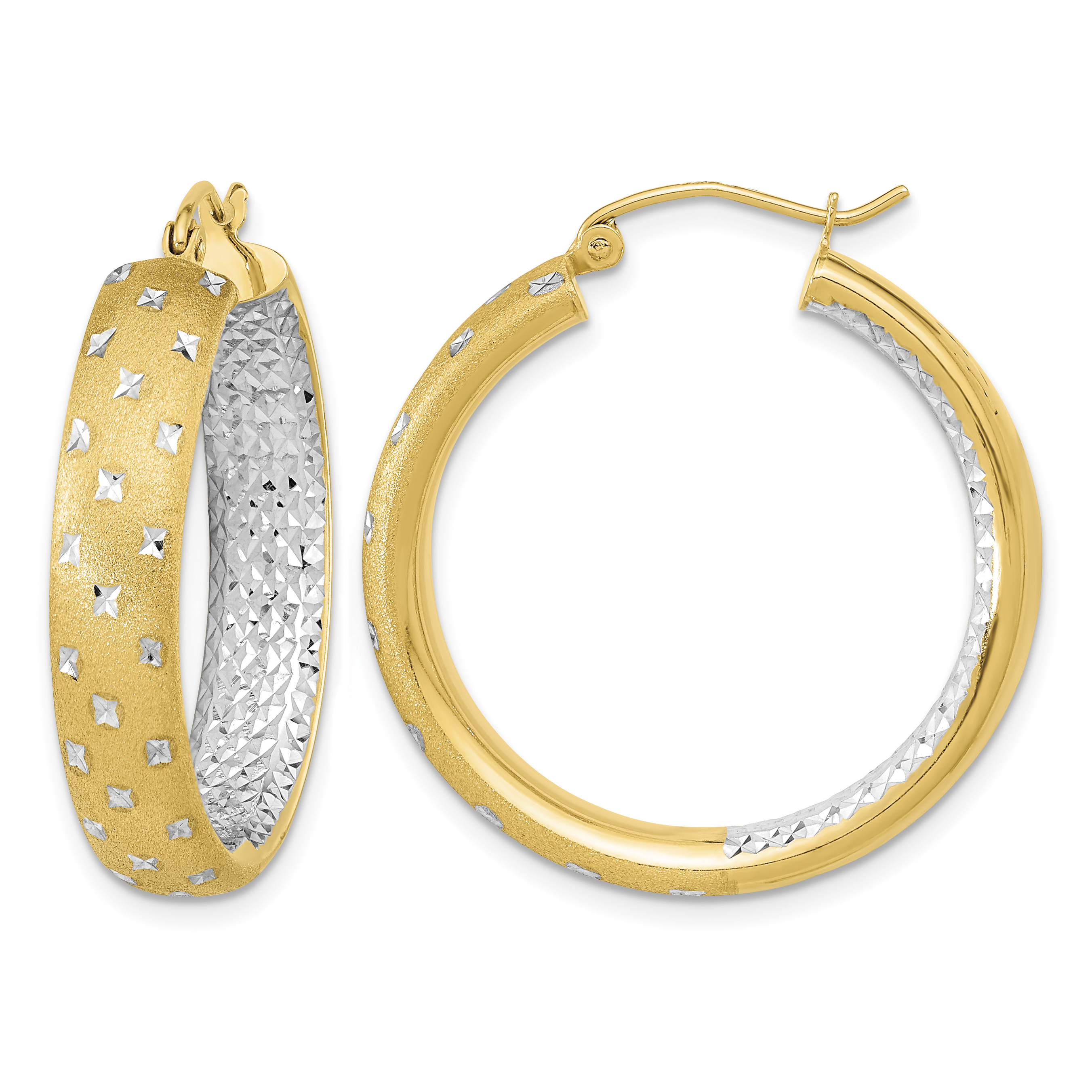14k White Rhodium Polished Satin Diamond-cut In/Out Hoop Earrings (TF1045TT)