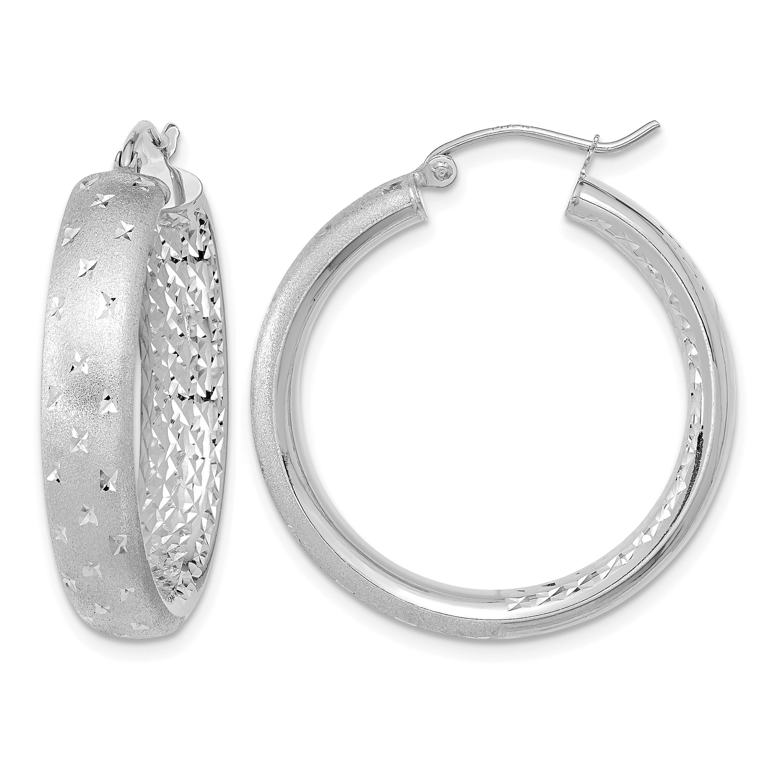 14k White Gold Polished Satin and Diamond-cut In/Out Hoop Earrings (TF1045W)